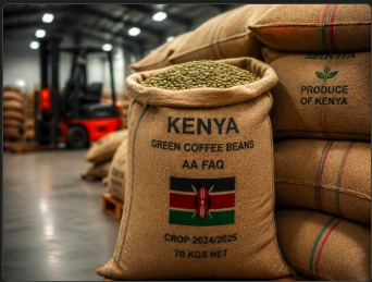 Jute sacks of Kenyan green coffee in an export warehouse