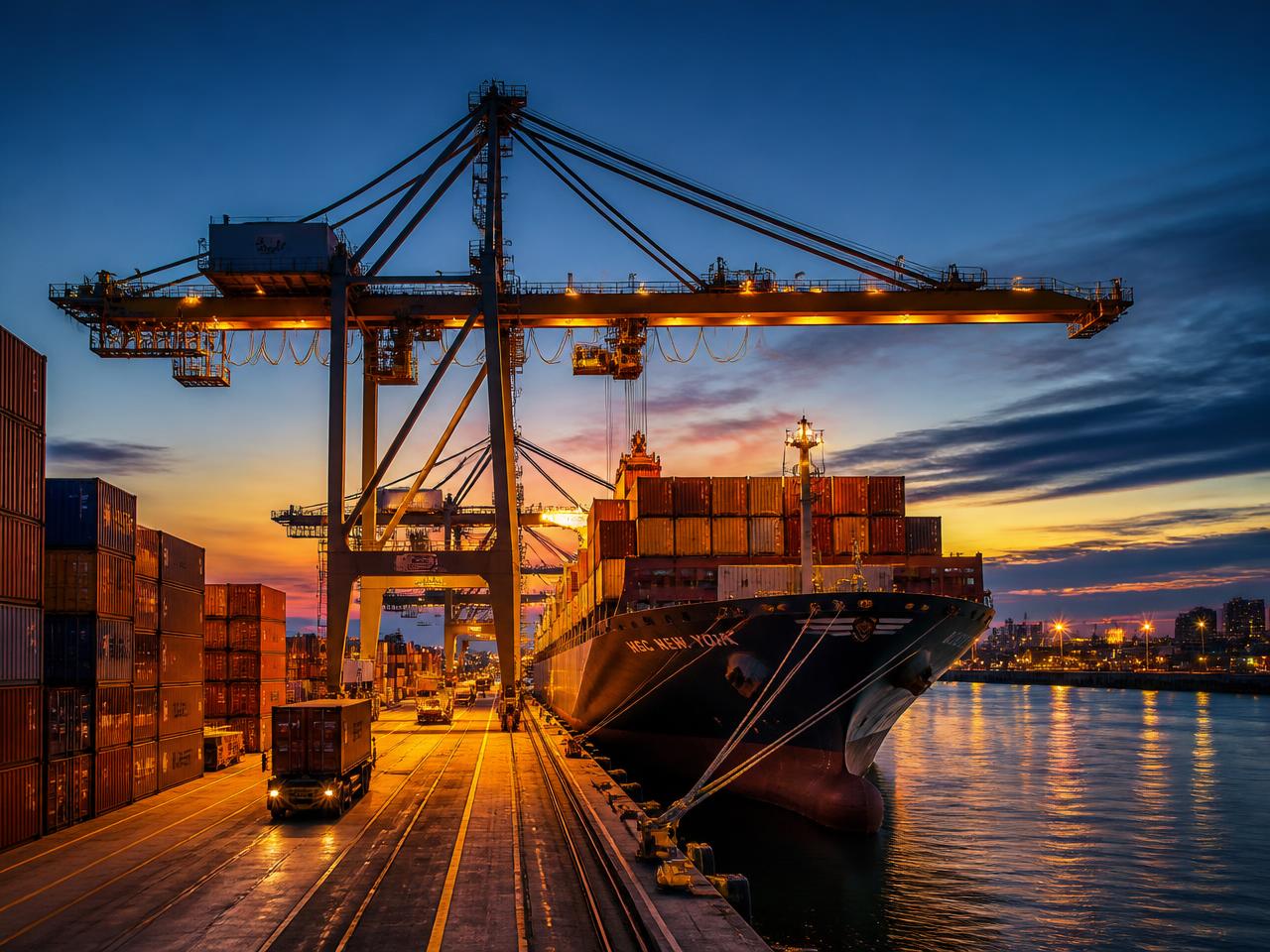 Shipping containers being loaded at a port